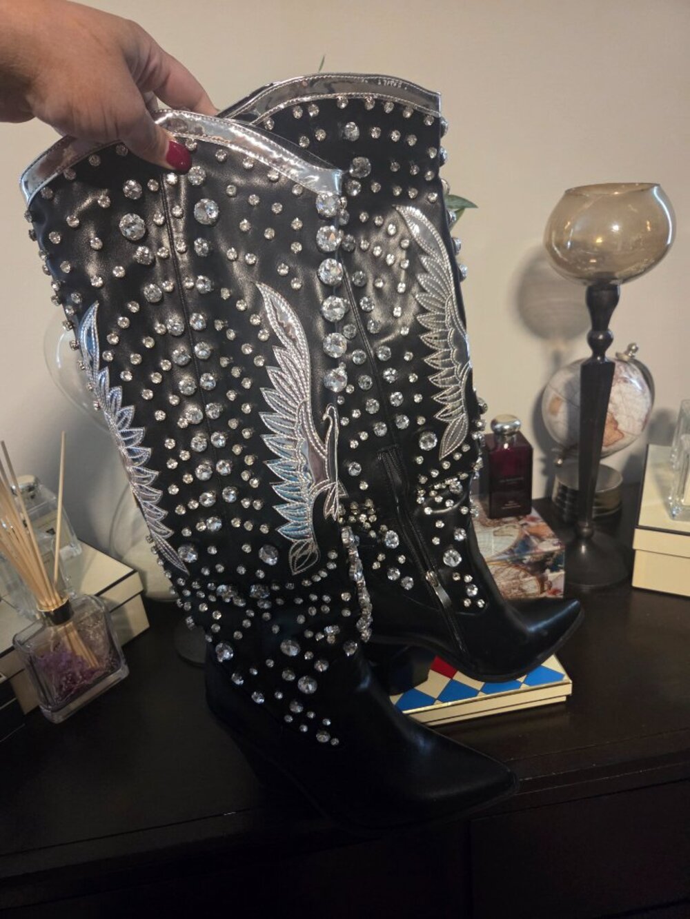 Black Crystal‑Studded Western Boots • Wing Embroidery • Statement Cowgirl Boot